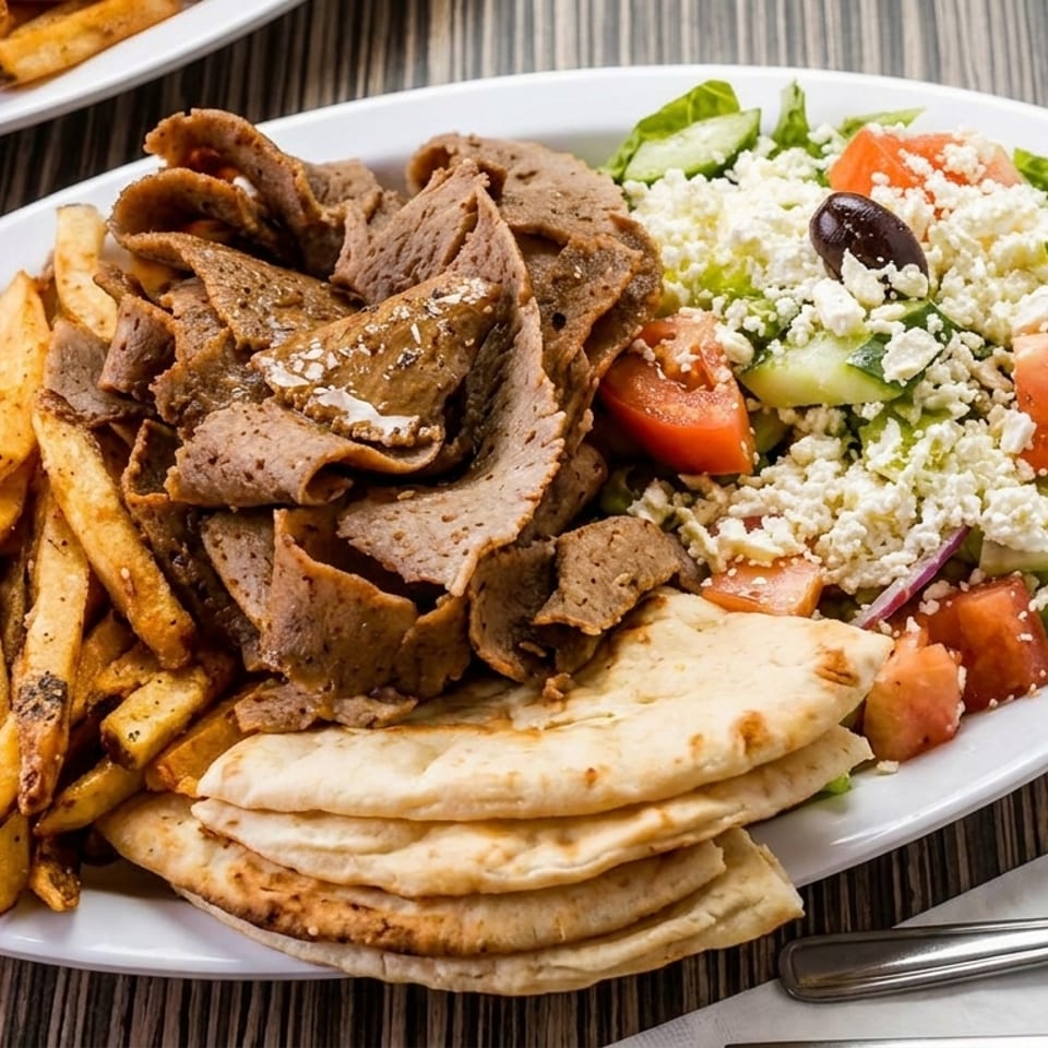 A large platter of gyro meat, french fries, Greek salad, pita bread, and a side of tzatziki sauce.