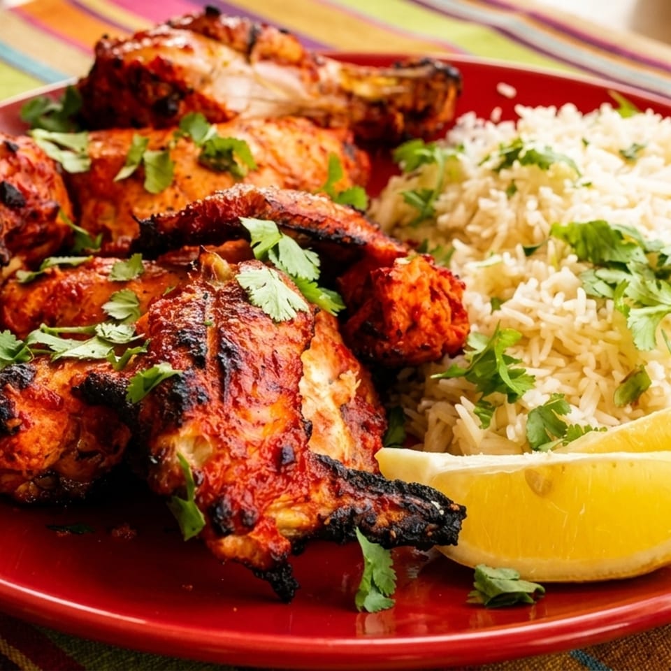 Grilled tandoori chicken with cilantro, rice, and lemon wedges on a red plate.