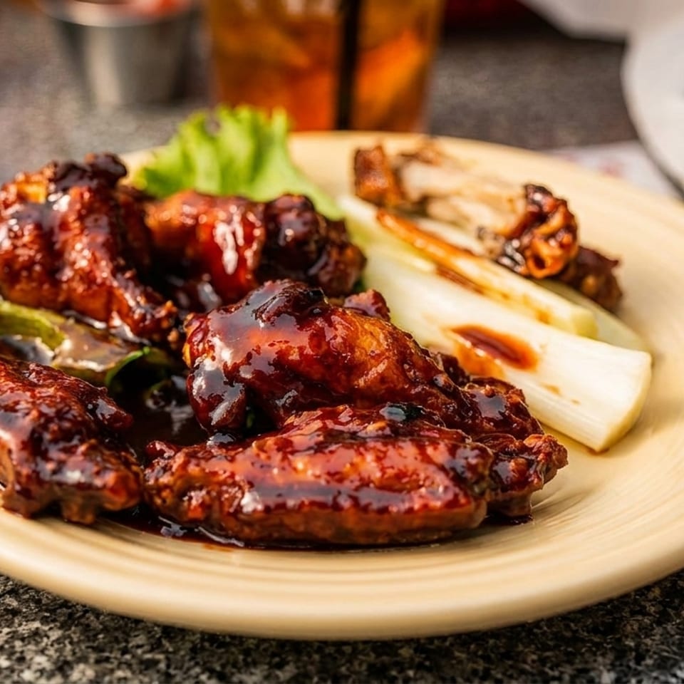 Plate of BBQ chicken wings with grilled scallions and lettuce on a speckled table.