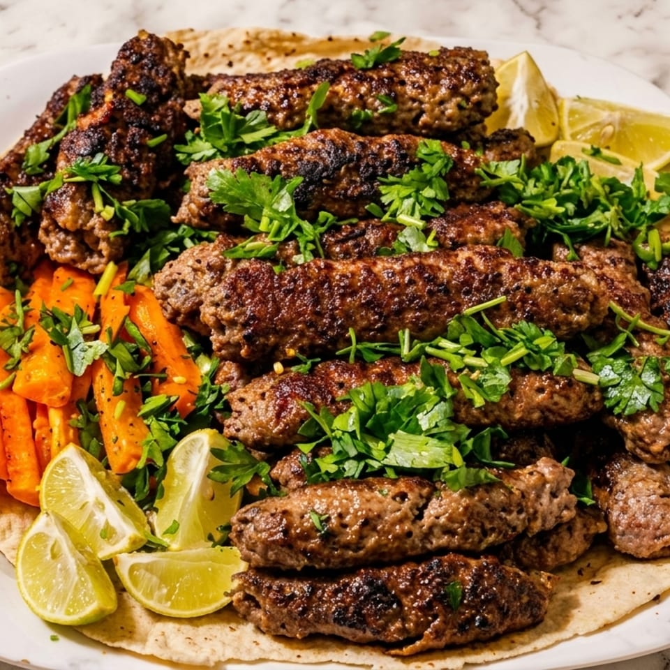 Grilled kofta kebabs with fresh parsley, roasted carrots, and lime wedges on a flatbread.