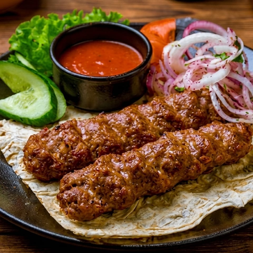 Two grilled meat skewers with sauce, sliced cucumbers, lettuce, and red onions on a black plate.