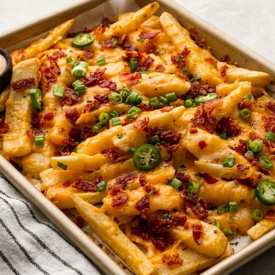 Loaded fries with melted cheese, bacon bits, sliced jalapeños, green onions, and a side of dipping sauce.