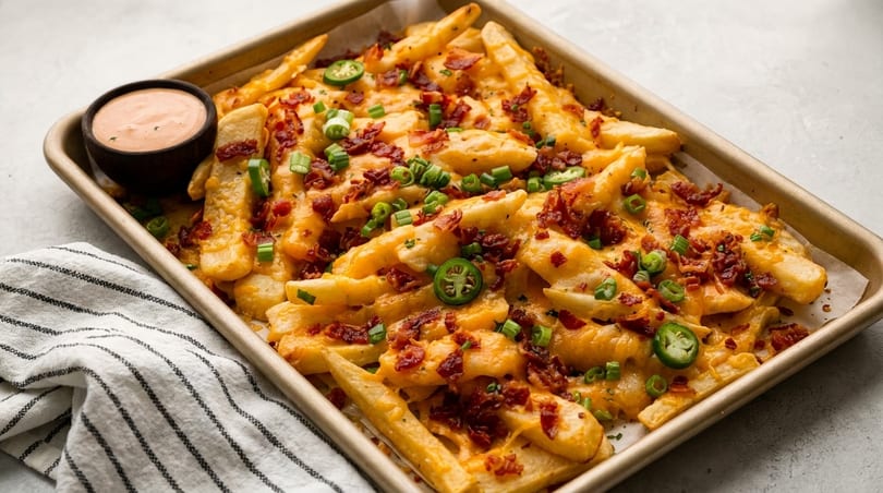 Loaded fries with melted cheese, bacon bits, sliced jalapeños, green onions, and a side of dipping sauce.